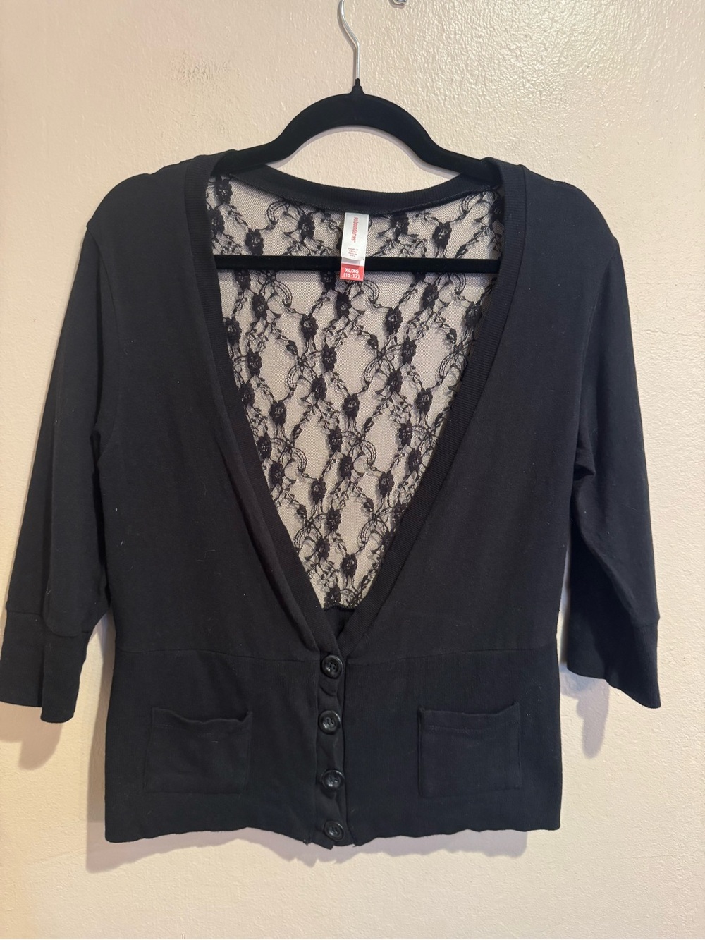 No Boundaries Black Lace-Back Button 3/4 Sleeve Cardigan